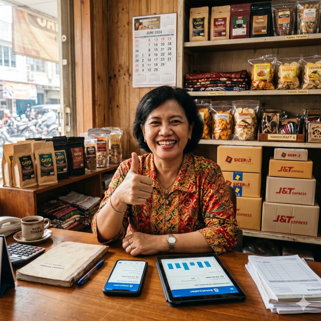 Ibu pemilik toko UKM tersenyum puas memberikan jempol sambil menggunakan sistem toko online SobatJualan di tablet.