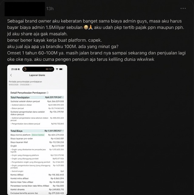 Viral! Omzet Rp6 Miliar Dipotong Admin Rp1,5 Miliar, Masih Yakin Hanya Jualan di Marketplace? Tangkapan layar laporan bisnis seller yang menunjukkan potongan biaya admin marketplace mencapai 1,5 miliar rupiah