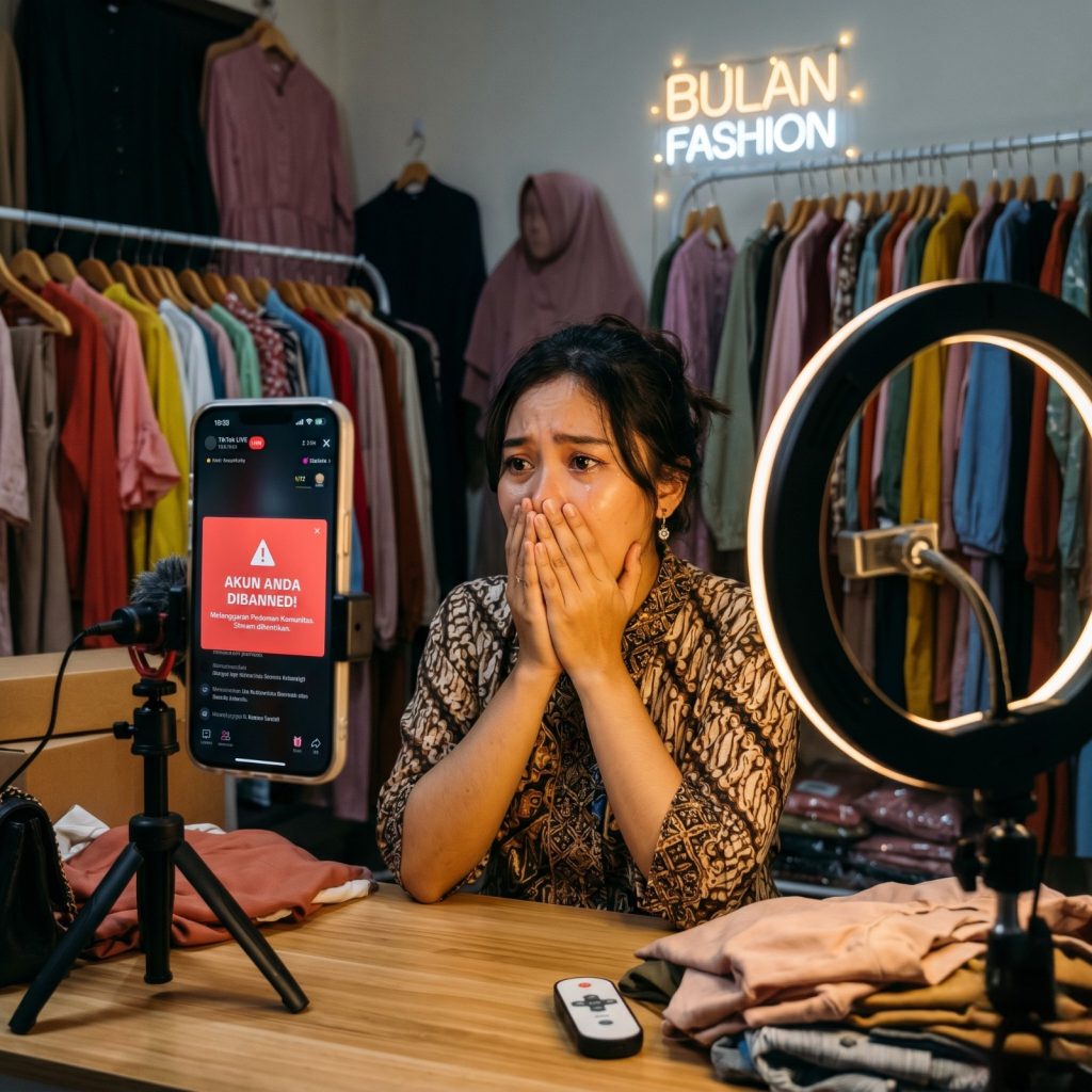 Seorang seller online terkejut saat live streaming karena kendala akun marketplace dibatasi.