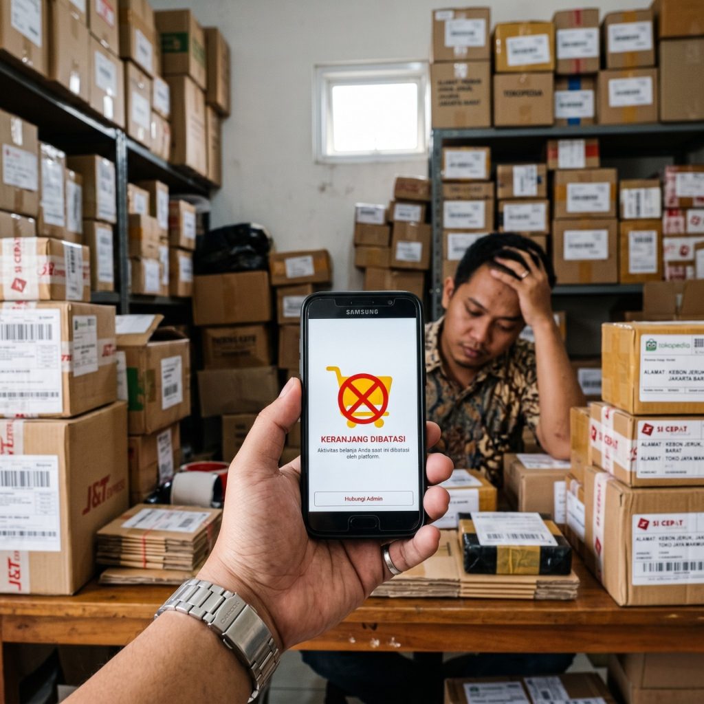 Penjual online merasa pusing melihat besarnya potongan komisi di marketplace melalui HP.